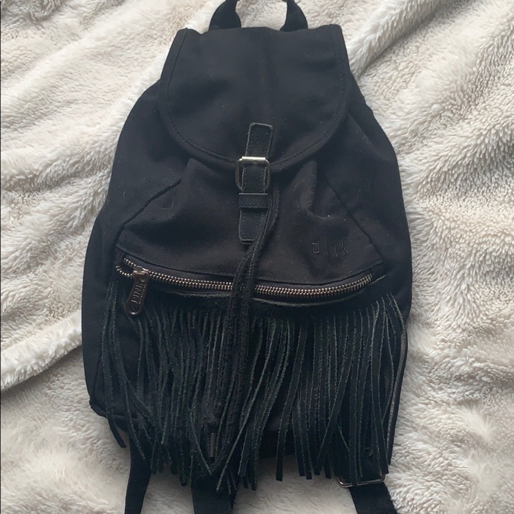 PINK black fringe mini backpack